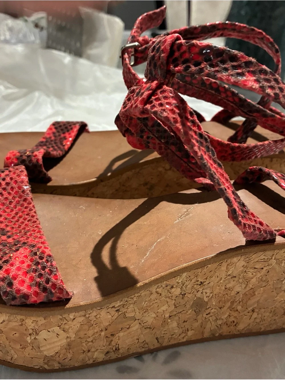 Zara Red Snake-Print Cork Wedge Sandals